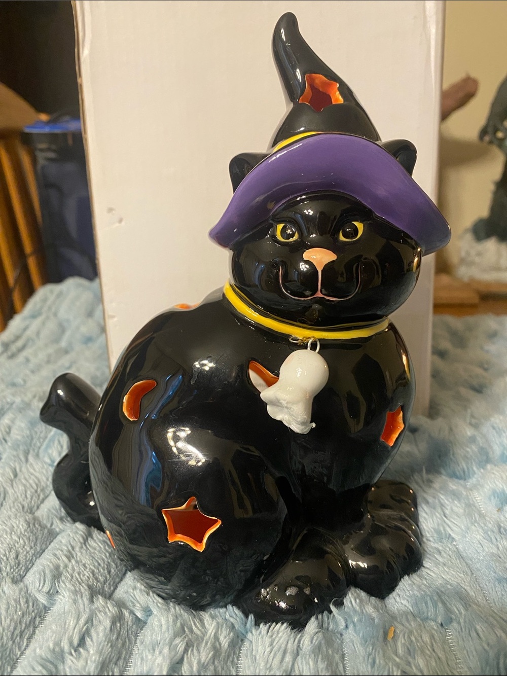 VTG Lillian Vernon Ceramic Black Cat Witch Tealight Candle Holder Luminary Rare